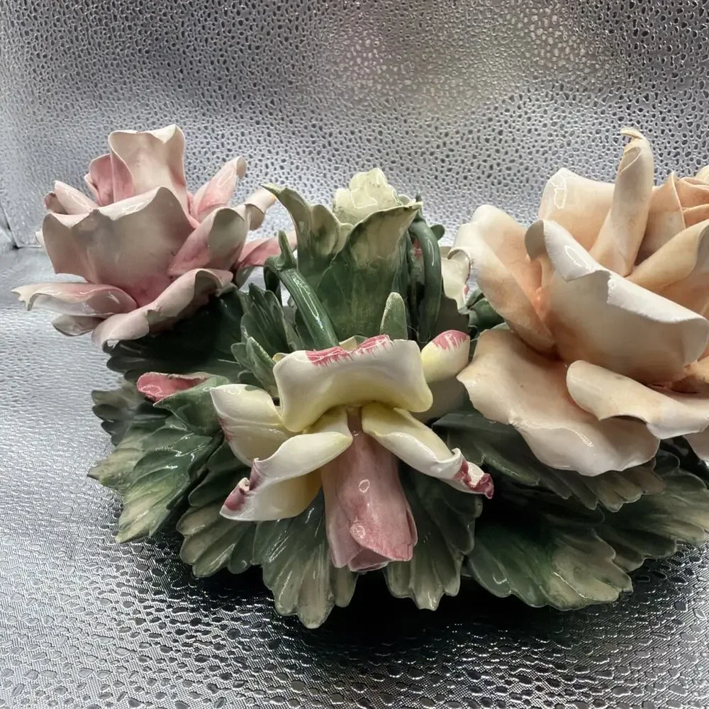 Pair Of Vintage Porcelain Floral Capodimonte Candle Holders Centerpiece
